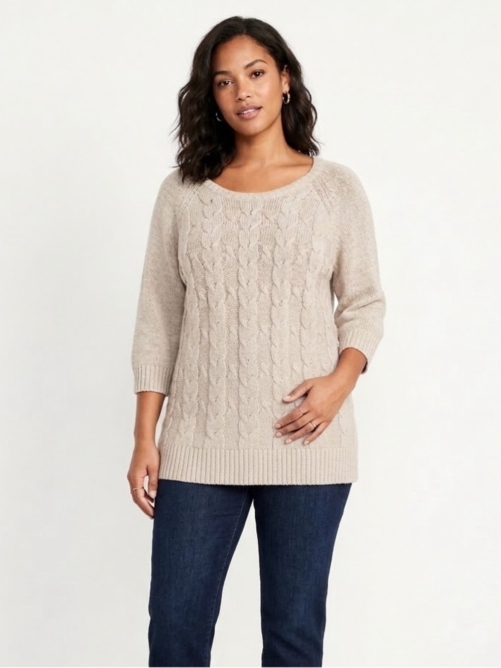 TALBOTS Beige Cable Knit Scoop Neck Sweater